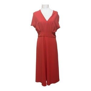 Maggy London Dress Womens 8 Red Midi V Neck‎ Short Sleeve Pleated Lined Elegant